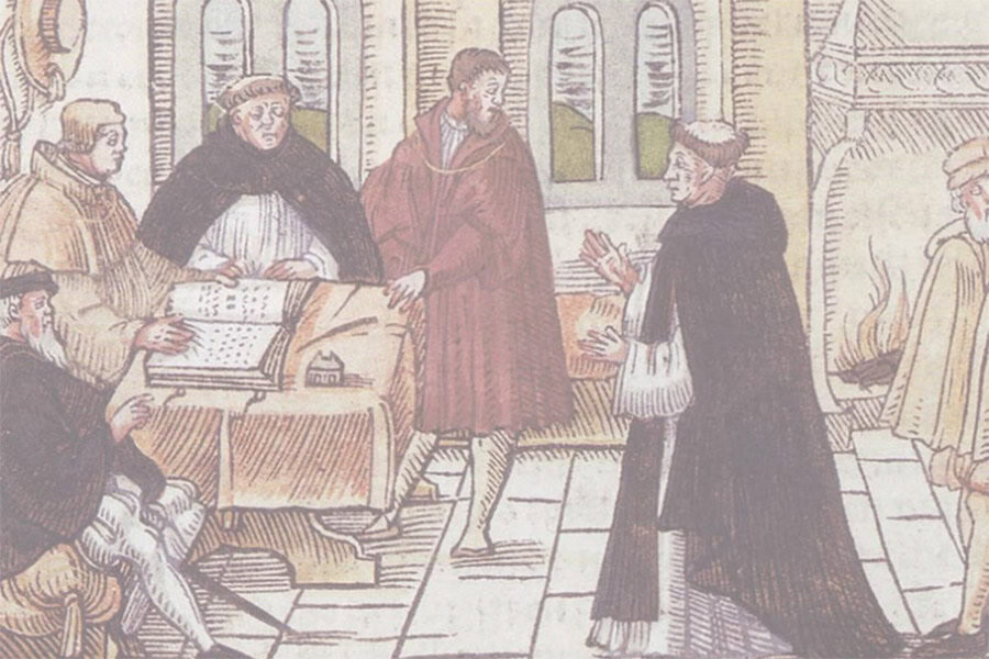 Sixteenth-century woodcut of Martin Luther in a black monk’s habit standing before Cardinal Cajetan and other clergy seated at a table with an open book.