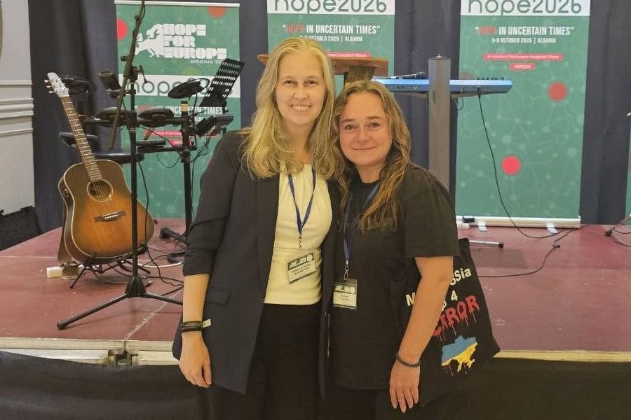 Rebecca Goropevsek, co-coordinator of the WEA’s Children’s Network, with Galyna Tsymbal-Kovbasa, who attended HOPE 2026 in Albania as part of the European Disability Network team.